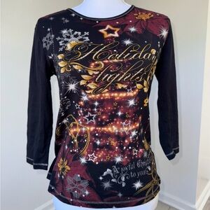 VTG Blue Canyon M Holiday Lights Christmas Top 3/4 Sleeve Festive‎ Graphic Tee